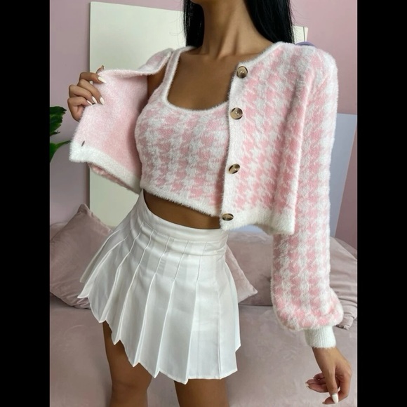 SHEIN Sweaters - 2pcs Set Drop Shoulder Long Sleeve Front Button Houndstooth Knit Cardigan Pink S